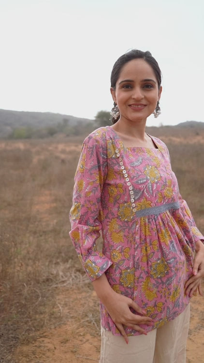 Pink Cotton Hand Block Bagru Printed Top